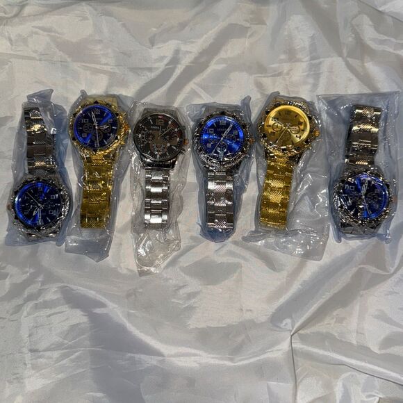 6 Geneva Luxury Watches, Mens Chronograph Gold Silver Blue White Gift New main image 8